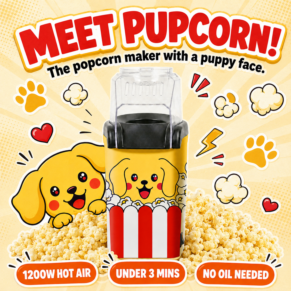 Pupcorn 1200W Hot Air Popcorn Maker