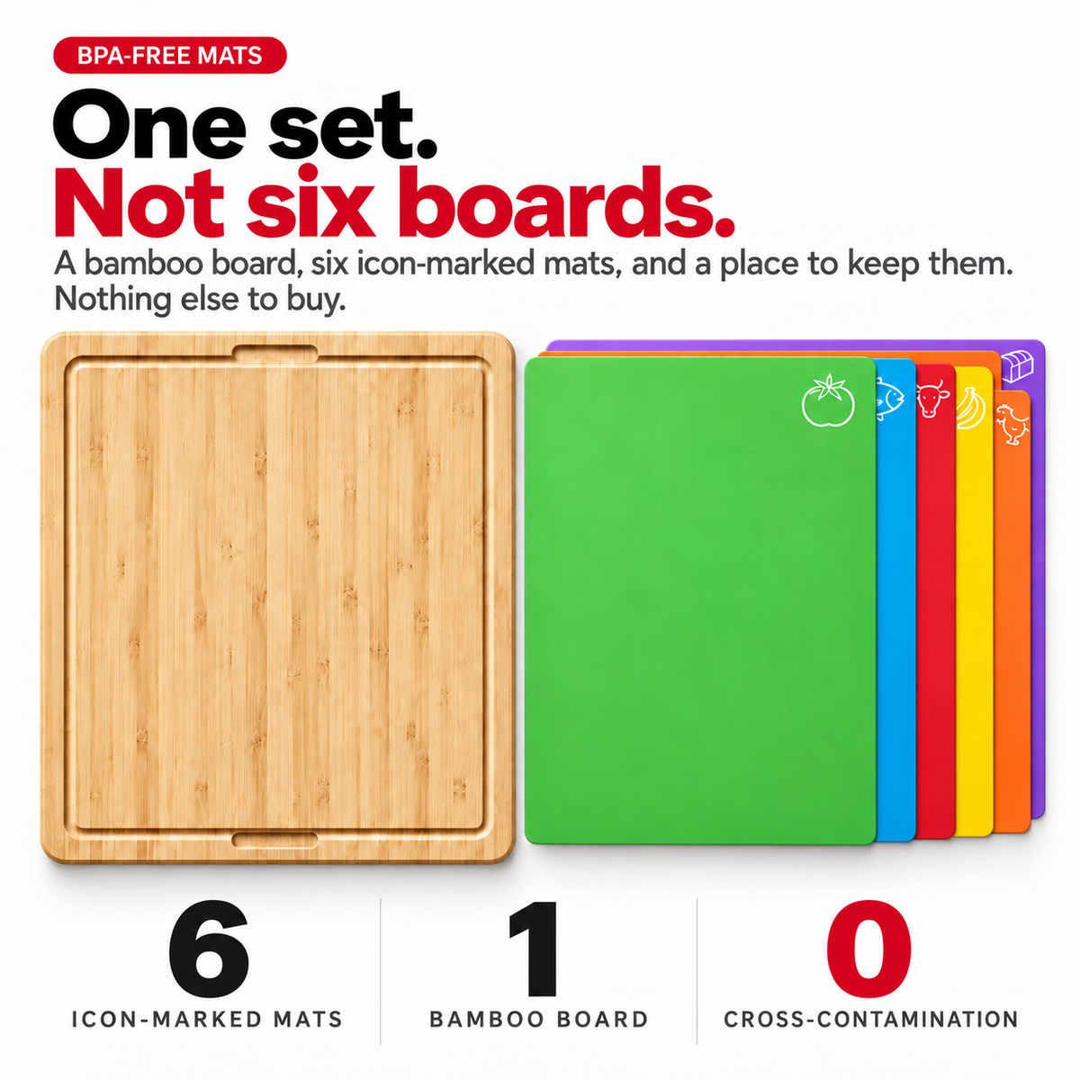 Bamboo Cutting Board Set with 6 Prep Mats