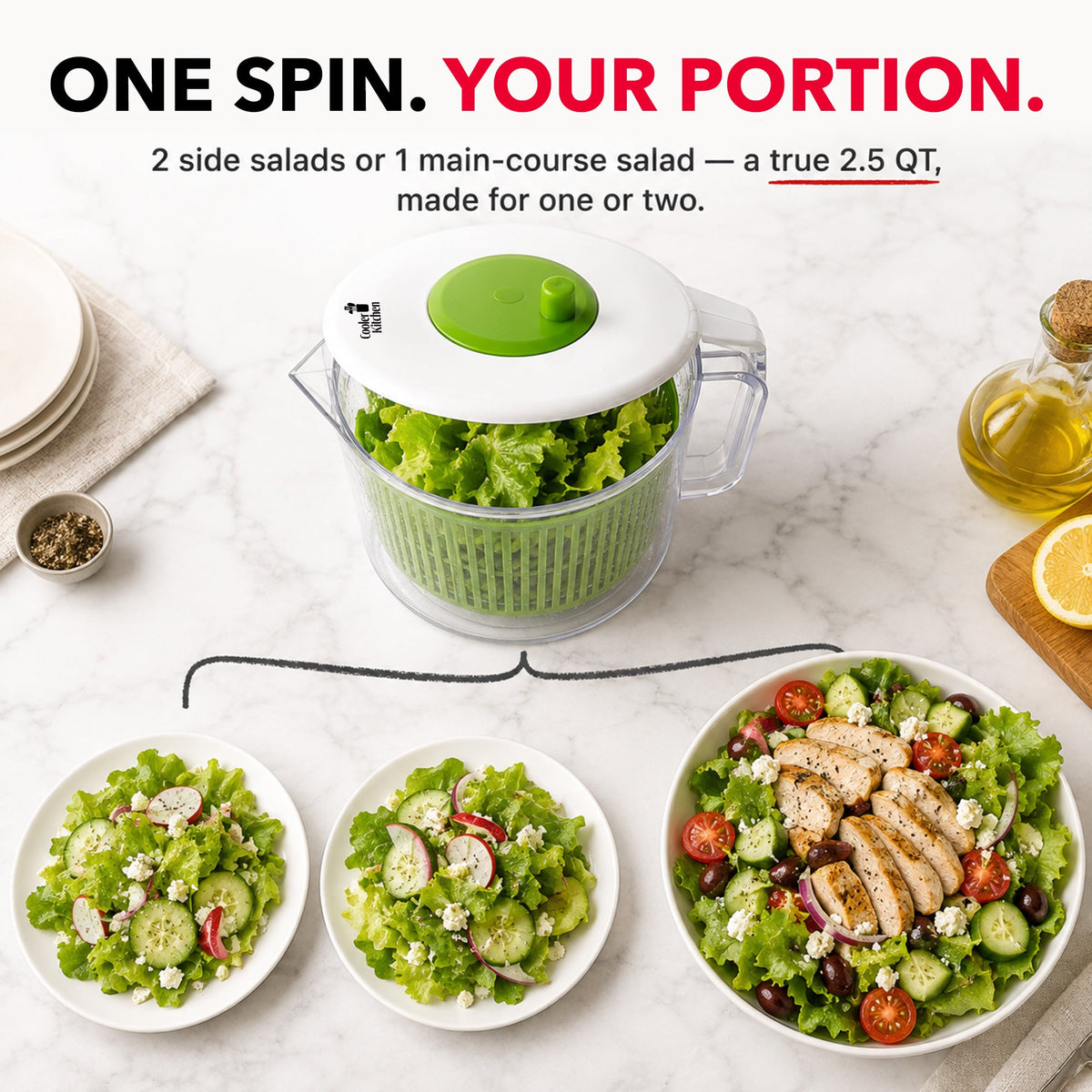 Cooler Kitchen Small Salad Spinner — Mini Lettuce Spinner and Dryer with Measuring Cup Bowl — Compact Veggie & Fruit Washer, Salad Dryer Spinner — Dishwasher Safe, BPA-Free