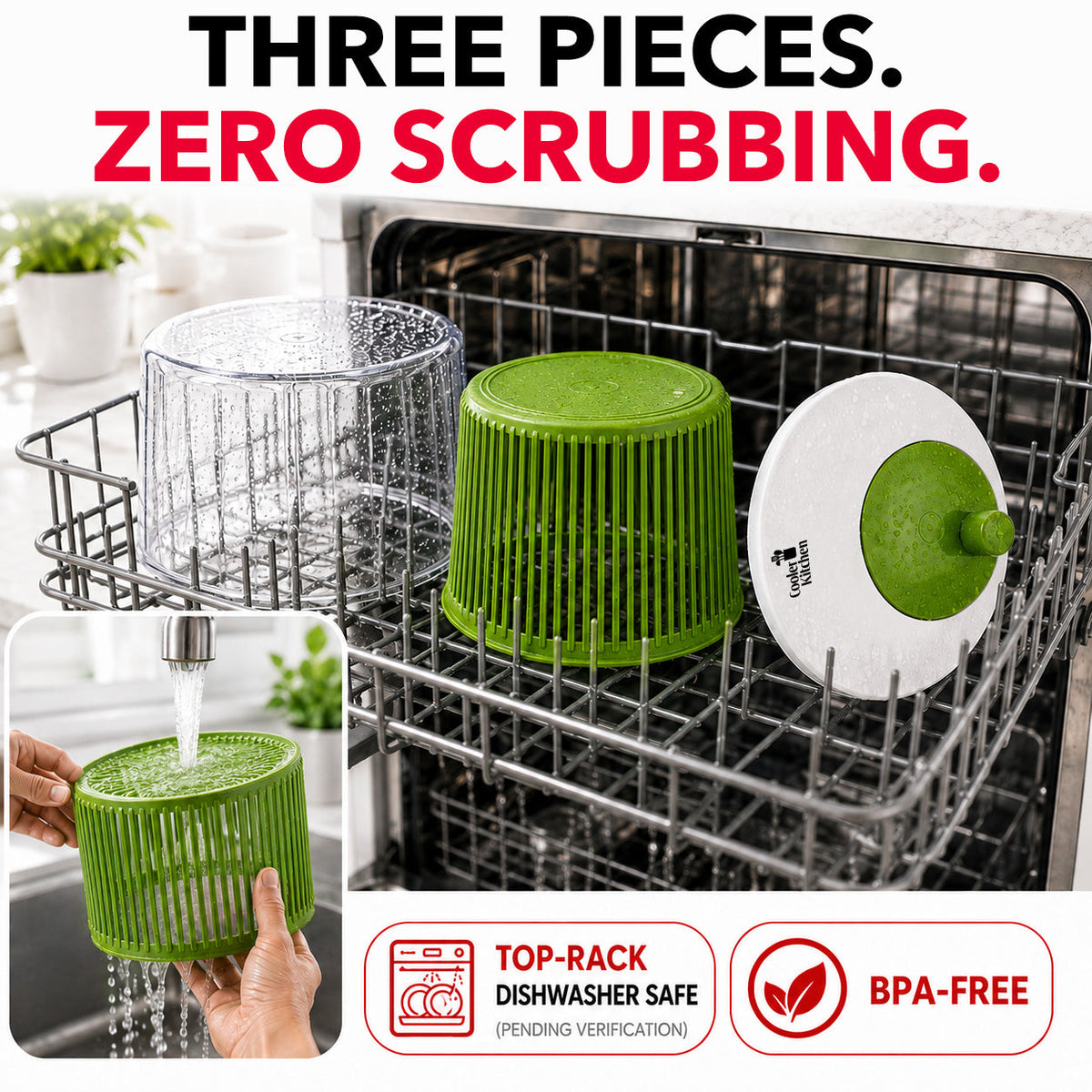 Cooler Kitchen Small Salad Spinner — Mini Lettuce Spinner and Dryer with Measuring Cup Bowl — Compact Veggie & Fruit Washer, Salad Dryer Spinner — Dishwasher Safe, BPA-Free
