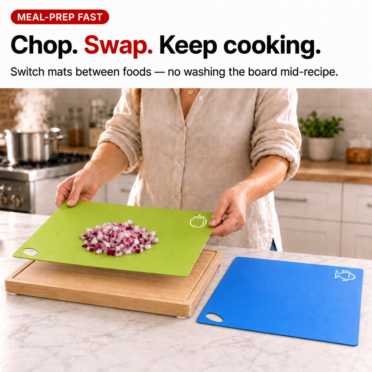 Bamboo Cutting Board Set with 6 Prep Mats