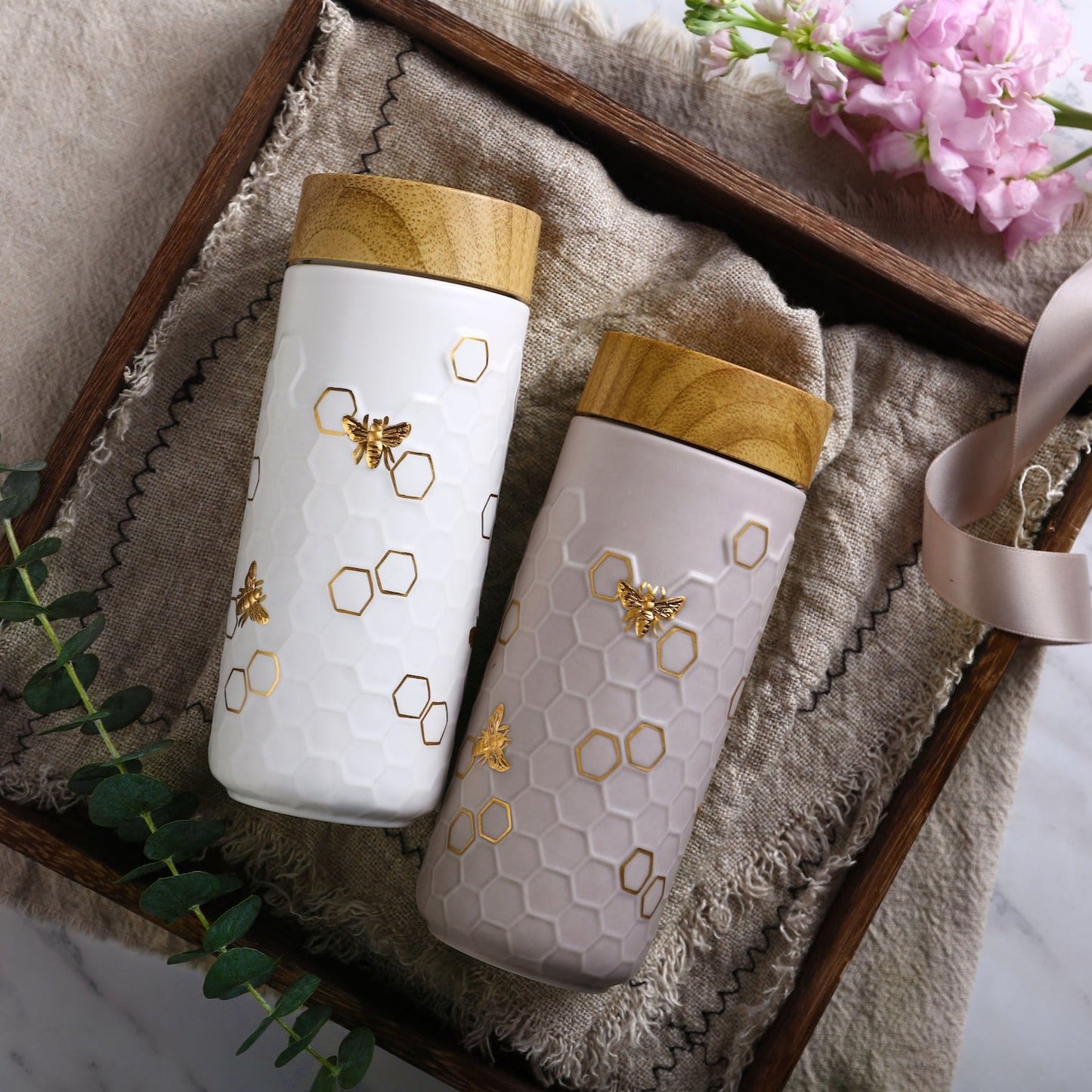 Honey Bee Ceramic Travel Mug / Gold 12.3 oz by ACERA LIVEN