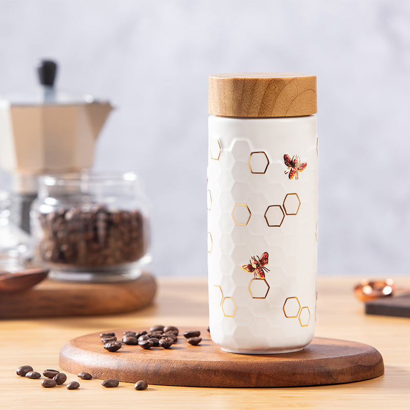 Honey Bee Ceramic Travel Mug / Gold 12.3 oz by ACERA LIVEN